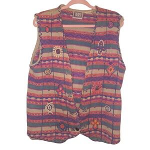 Sigrid Olsen Knit Vest Women's Multi Color Striped Floral Applique Button 
Large